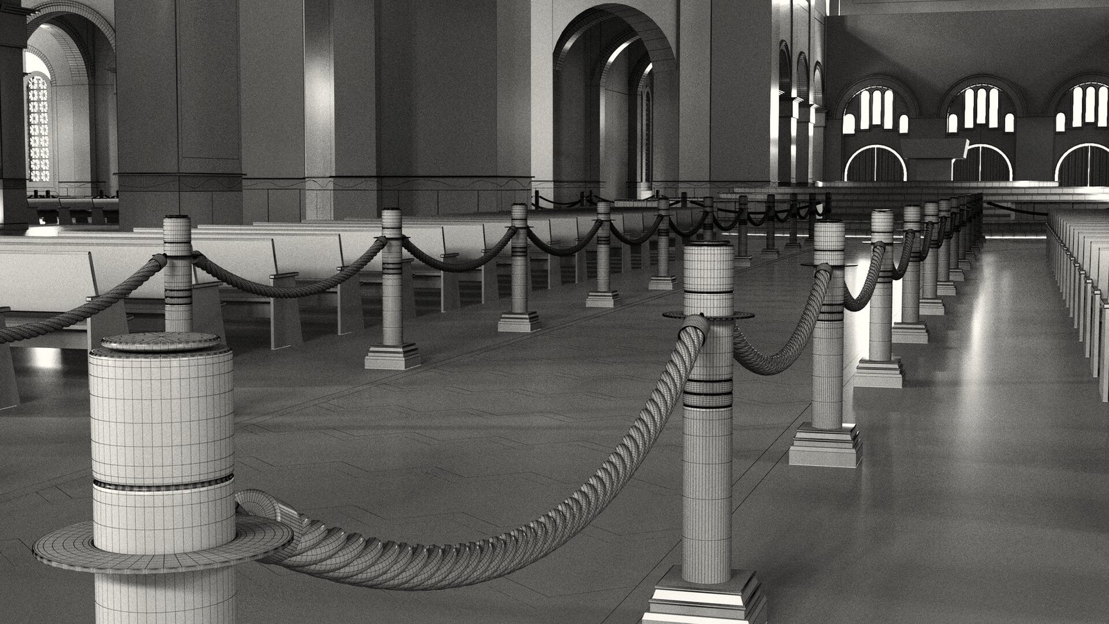 A nave da Basílica em 3D, com os balizadores de corda