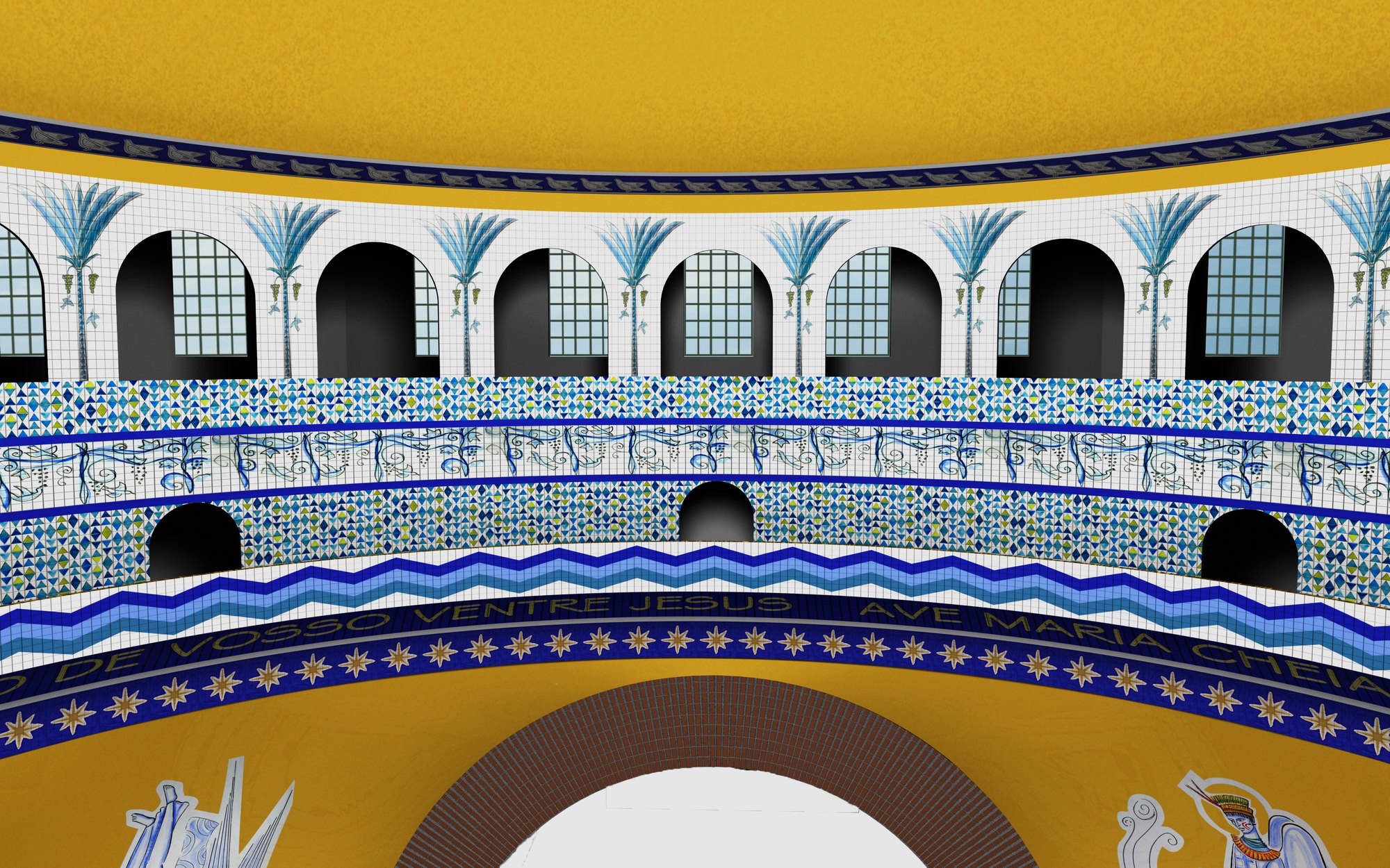Os anéis da cúpula com as janelas e a faixa de pastilhas