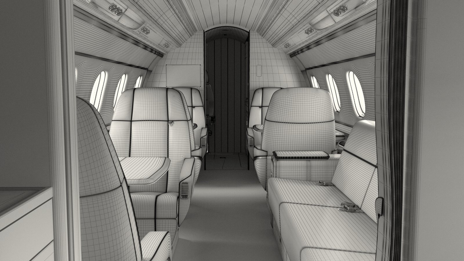 A cabine de um jato executivo em modelo 3D