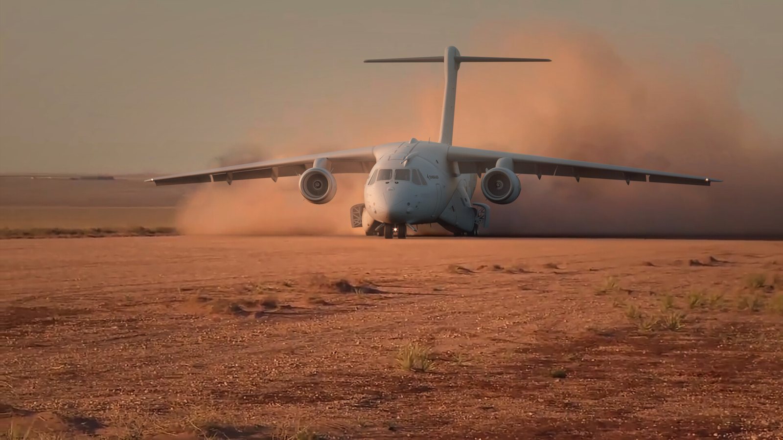 O KC-390 pousando em pista de terra, em render final
