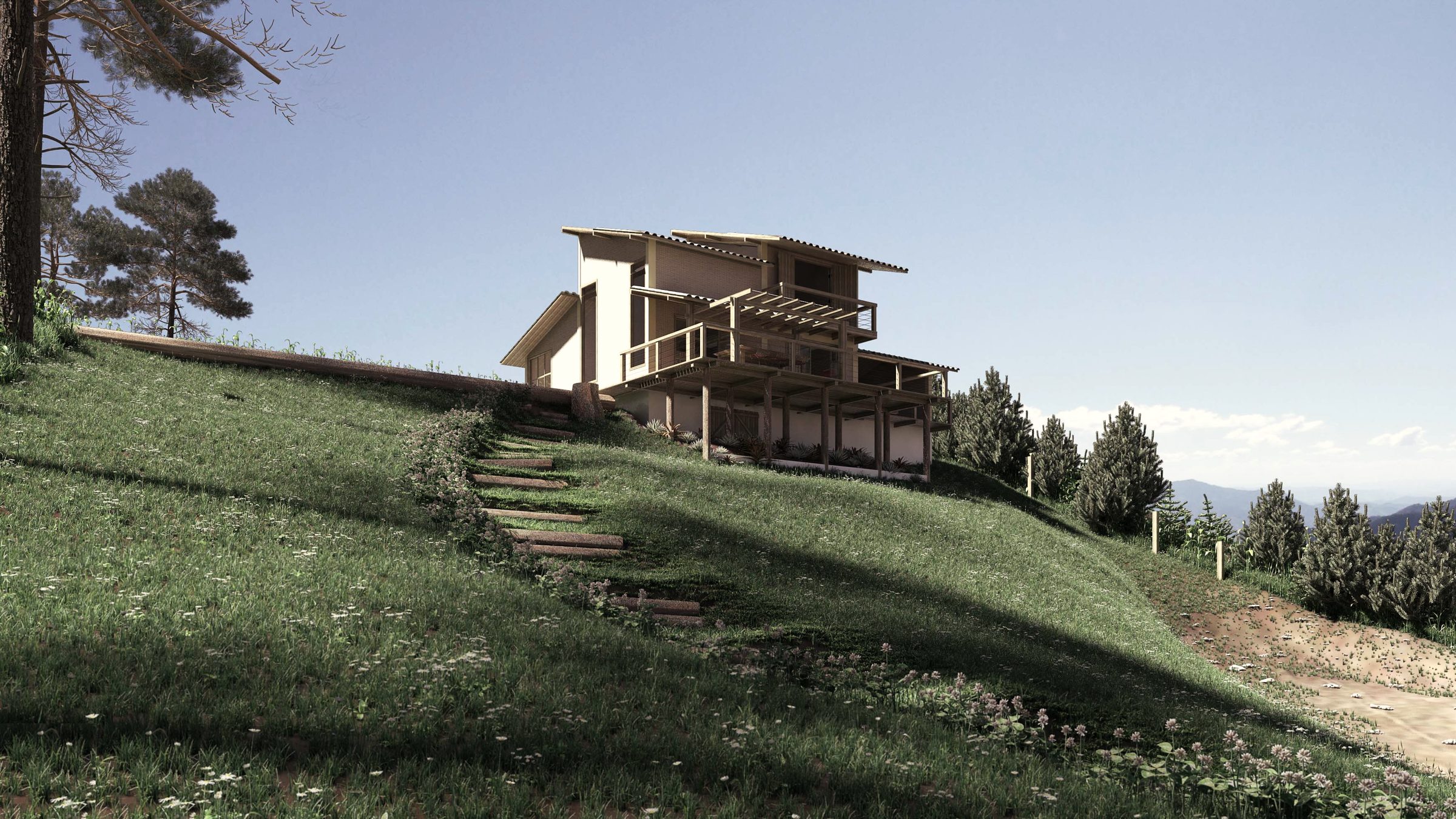Casa de madeira no alto de uma colina na serra, com o céu aberto